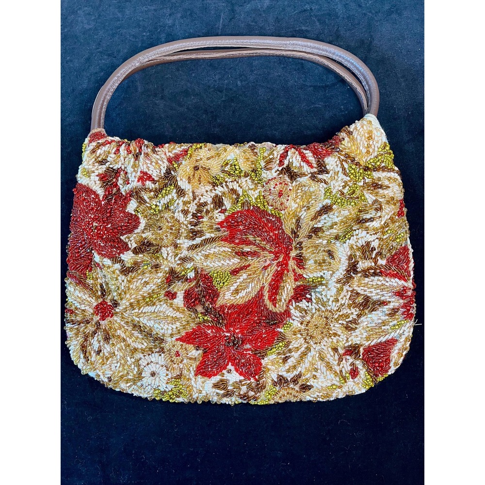 VTG Poinsettia Beaded Handbag, Christmas Purse, Red Gold Floral Evening Bag
